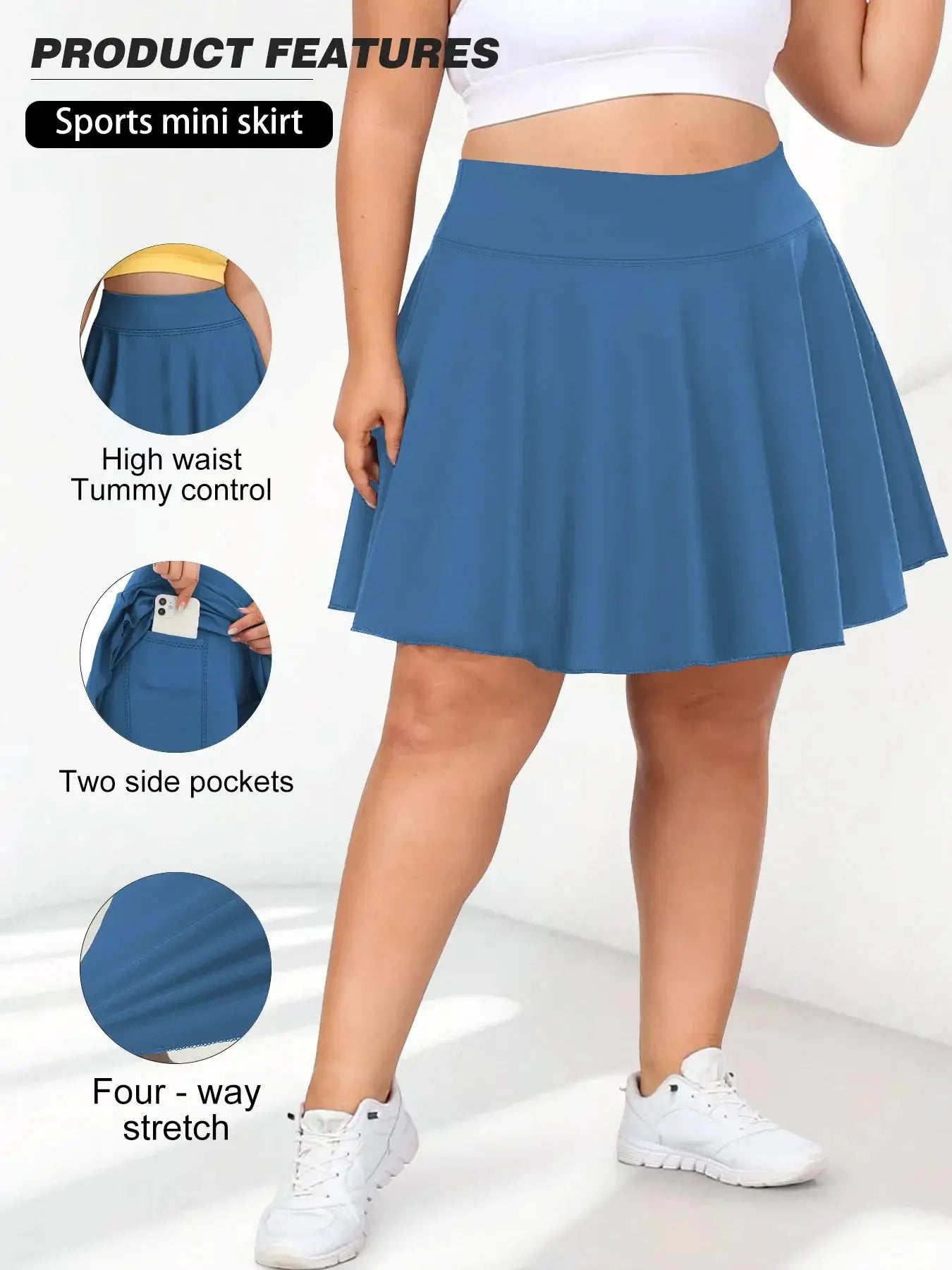Plus-size blue high-waist sport mini skirt with two side pockets by Simples Market