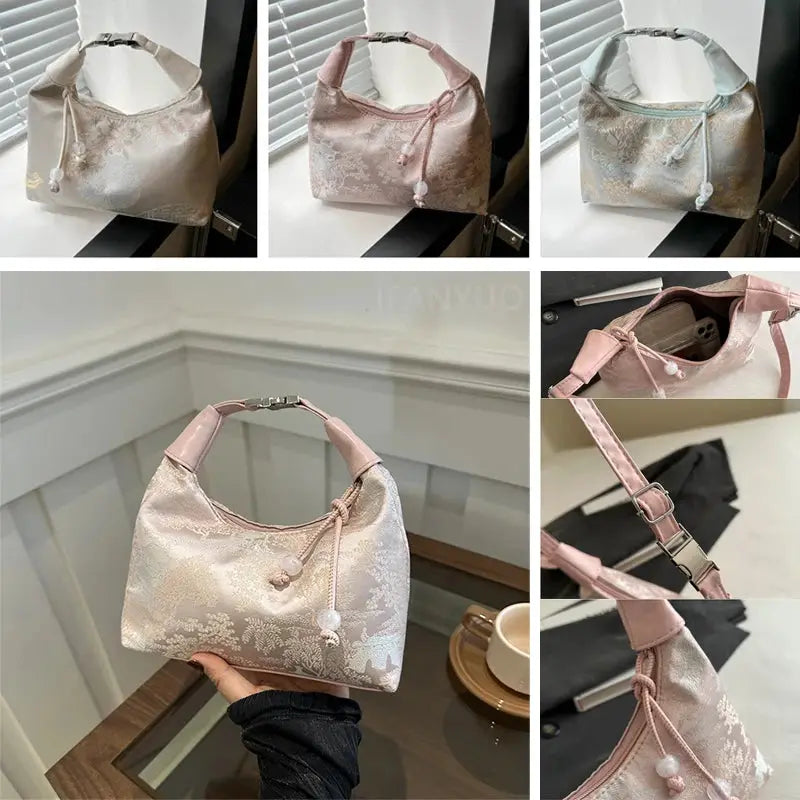 Ladies handbag by Simples Market featuring Chinese-style embroidery, tassel drawstring; pastel beige/pink/mint, tote.