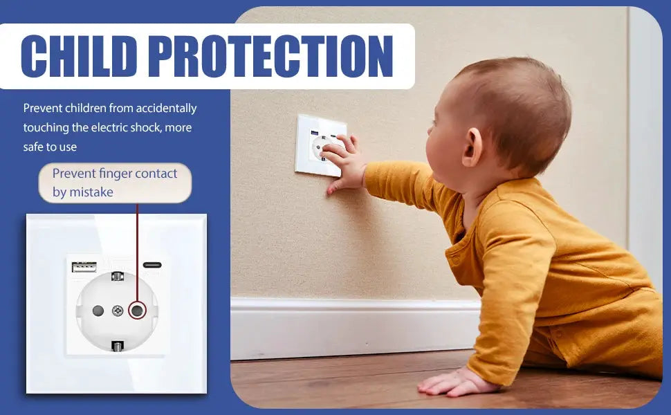 EU standard wall electrical socket with USB charge port; baby reaches toward outlet under a child protection banner