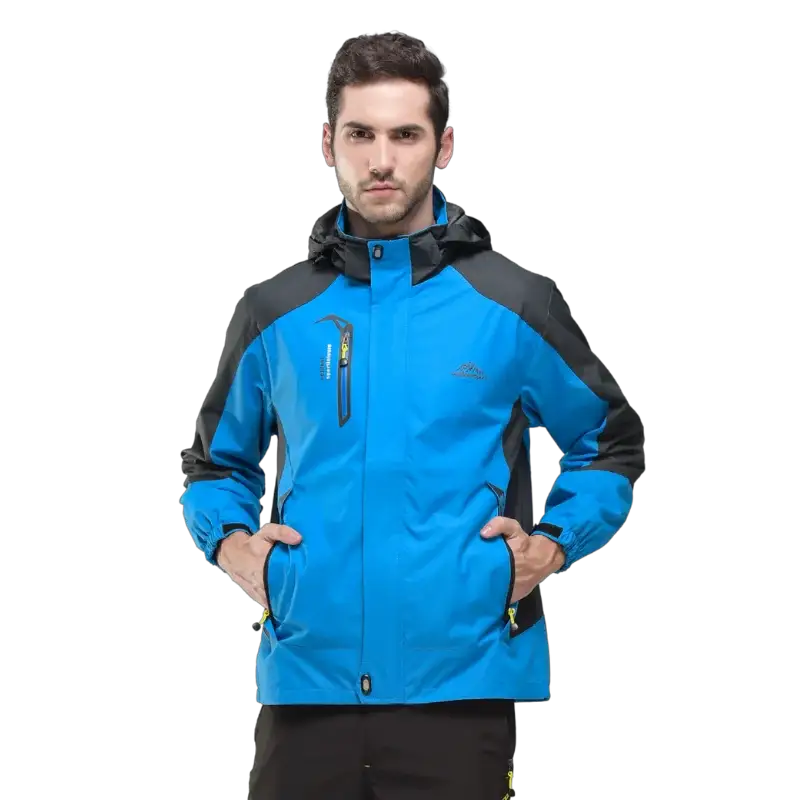 TRVLWEGO men's blue waterproof hiking jacket with black panels and hood by Simples Market