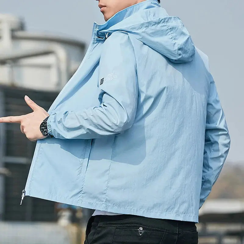 Hooded windbreaker jacket by Simples Market, light blue waterproof quick-dry outerwear