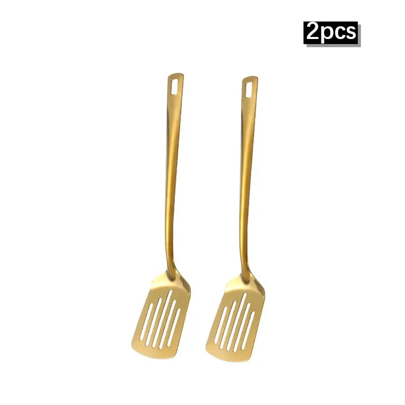 Two And Six Piece Stainless Steel Kitchenware Set Korean Golden Design Soup Spoon Colander Hot Pot Spoon Frying Spoon
