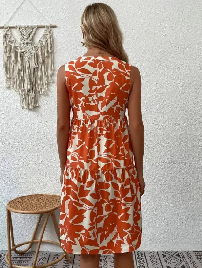 Women Boho Print Mini Dress Sleeveless V Neck Ruffle Beach Sundress