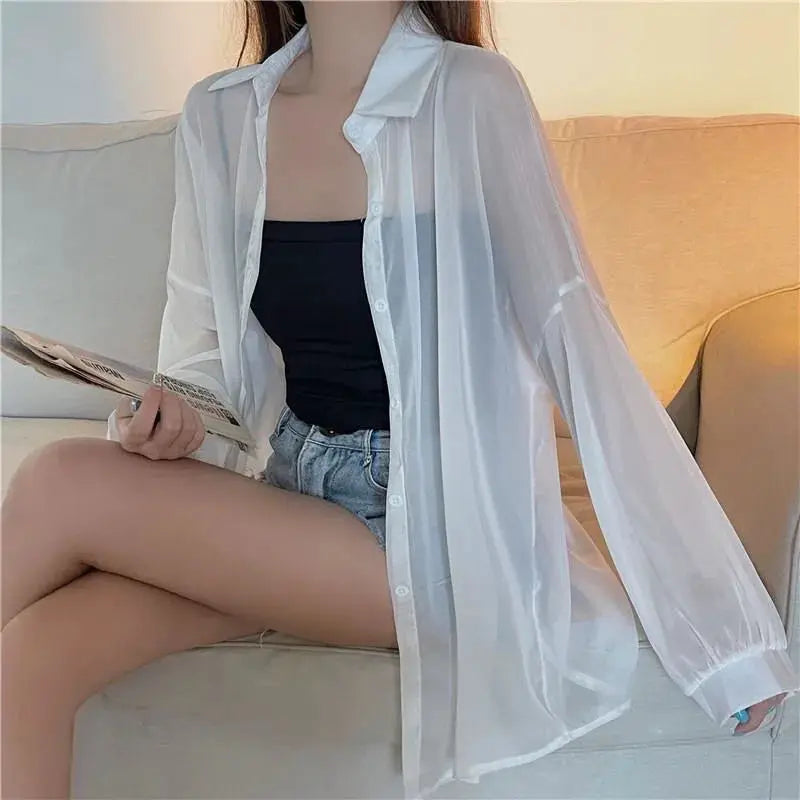 Xpqbb women's white chiffon shirt, sheer long sleeves, loose casual blouse.
