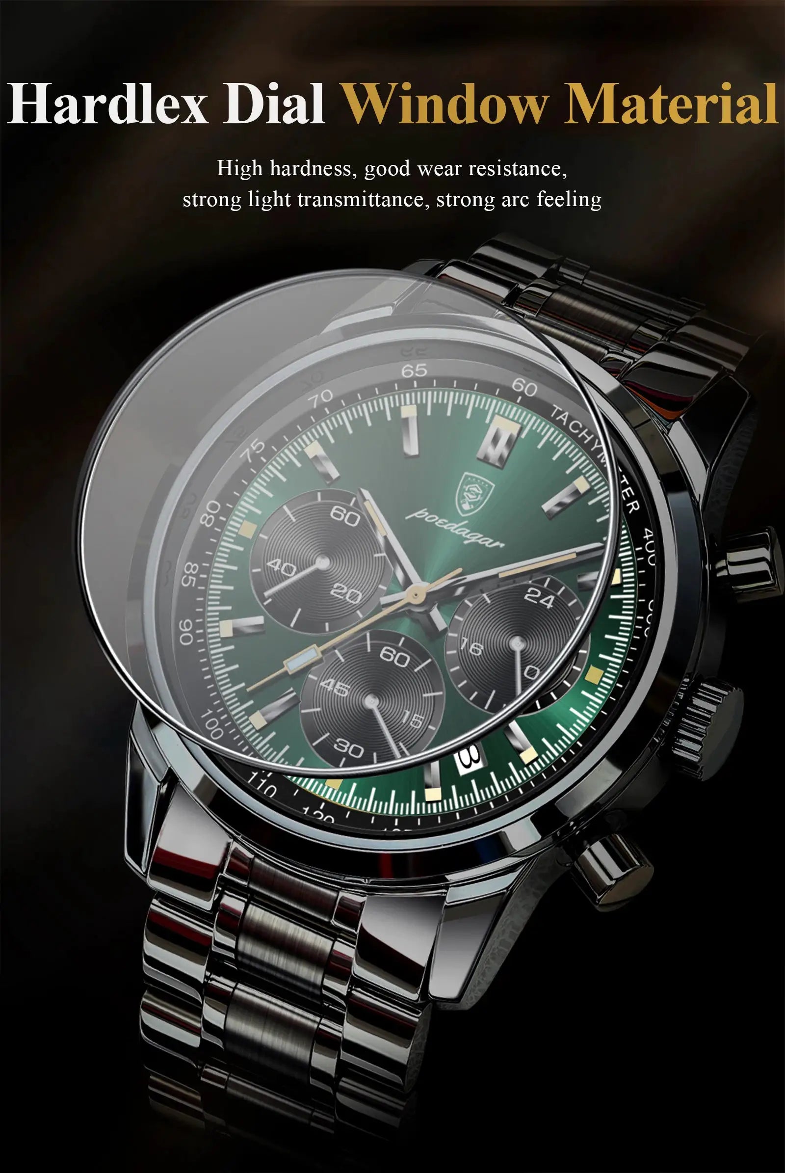 POEDAGAR luxury men's stainless steel chronograph watch with green dial, date window, and waterproof design.