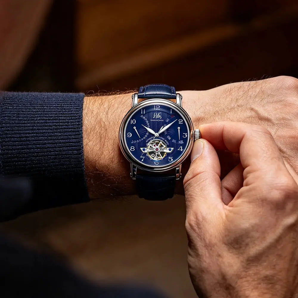 Shanghai 42mm automatic watch with blue dial and blue leather strap