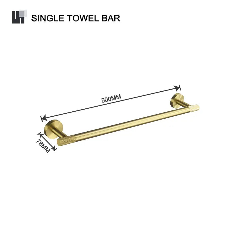 Brushed gold brass single towel bar with knurled ends, 500mm long.
