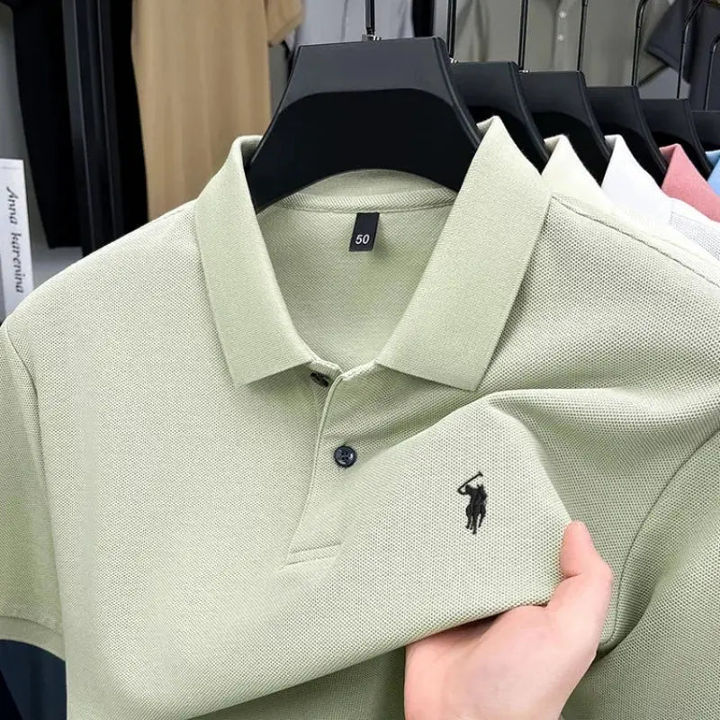 Men's light green cotton polo shirt with a small pony embroidery logo, short sleeves and polo collar
