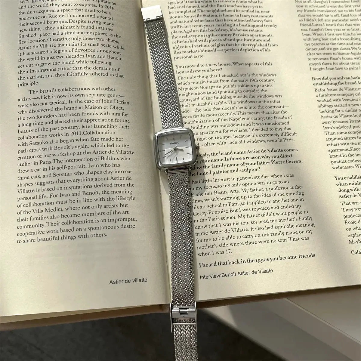 NAIDU women's quartz wristwatch with small square dial and adjustable stainless steel mesh strap