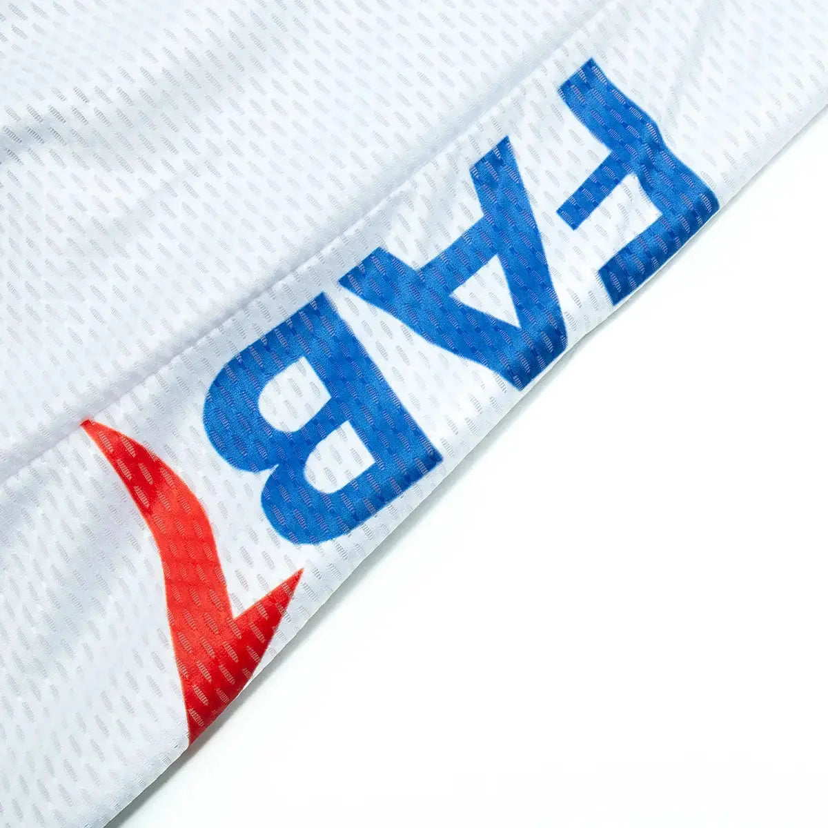 UAE cycling jersey set; white mesh fabric with bold blue UAE letters and red accent