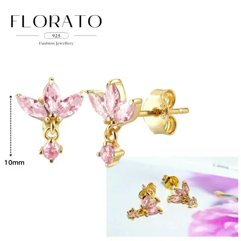 Floral pink zircon pendant hoop earrings, gold-tone with 10mm drop, FLORATO logo
