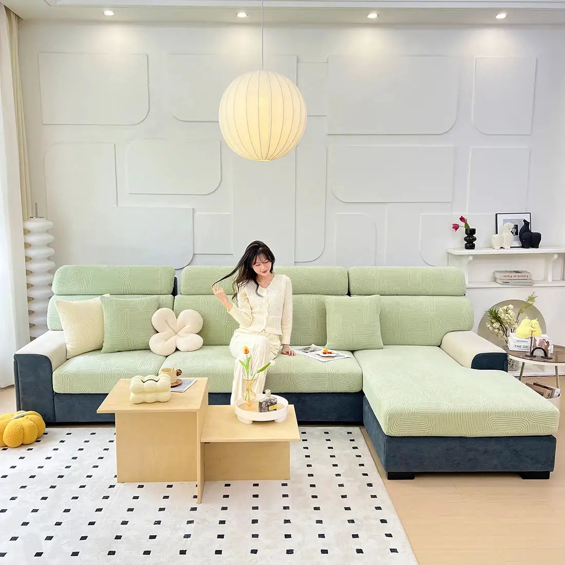 Sofa seat cushion cover by Simples Market in light green jacquard, stretchy and washable, protects living room furniture