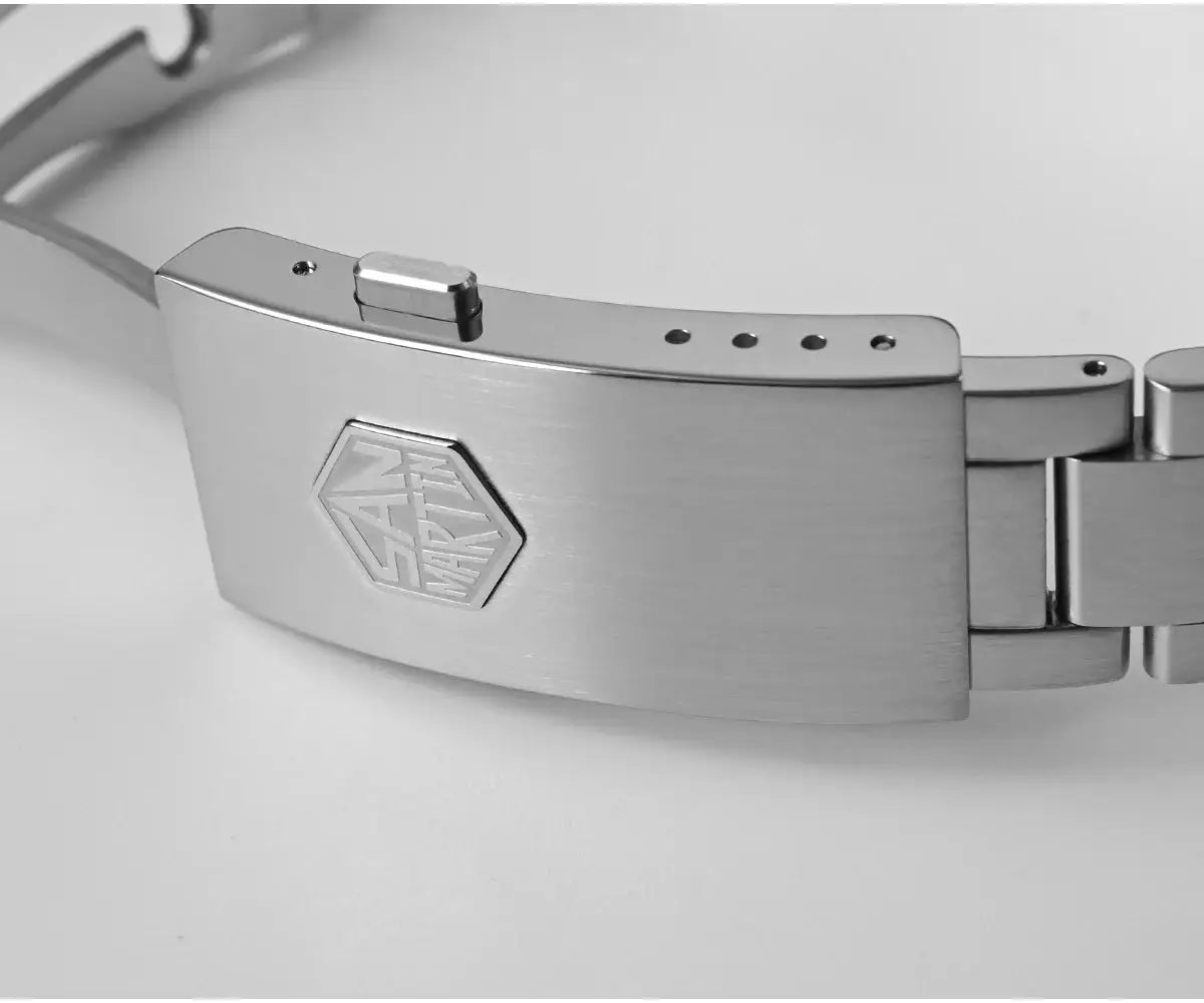 San Martin stainless steel diver watch clasp with a hexagonal logo