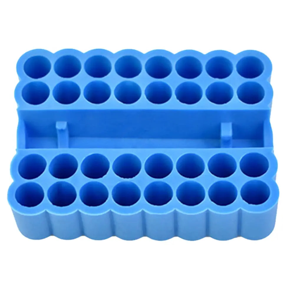 Blue plastic 32-hole bit holder organizer for hex-shank screwdriver bits
