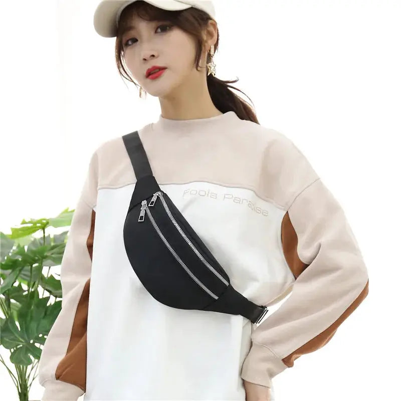 Fanny pack crossbody bag by Simples Market, black with dual zipper pockets