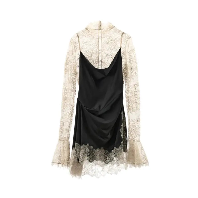 Elegant Satin Dress With Lace Trim For Women High Neck Color Block Y2K