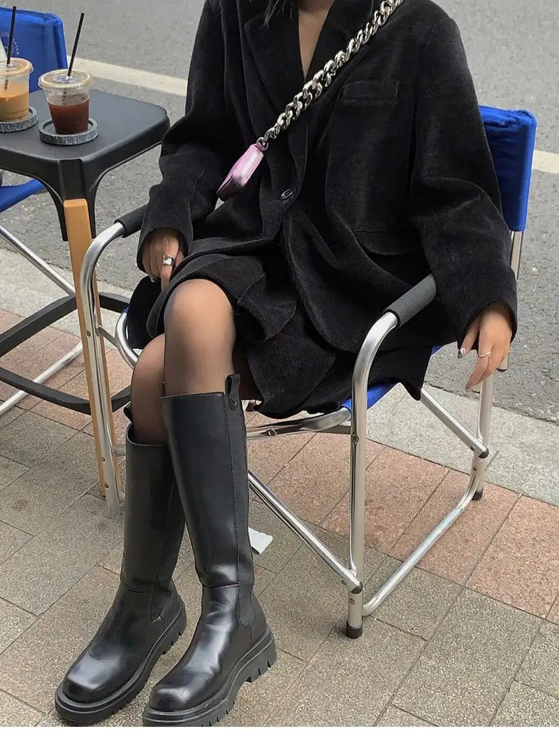 Platform Women Knee High Boots With Fur Lining And Square Heels For Winter Warmth