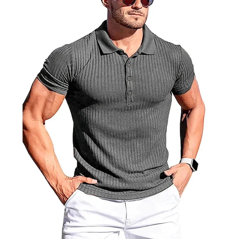 Men's dark gray ribbed polo shirt with short sleeves and vertical stripe texture