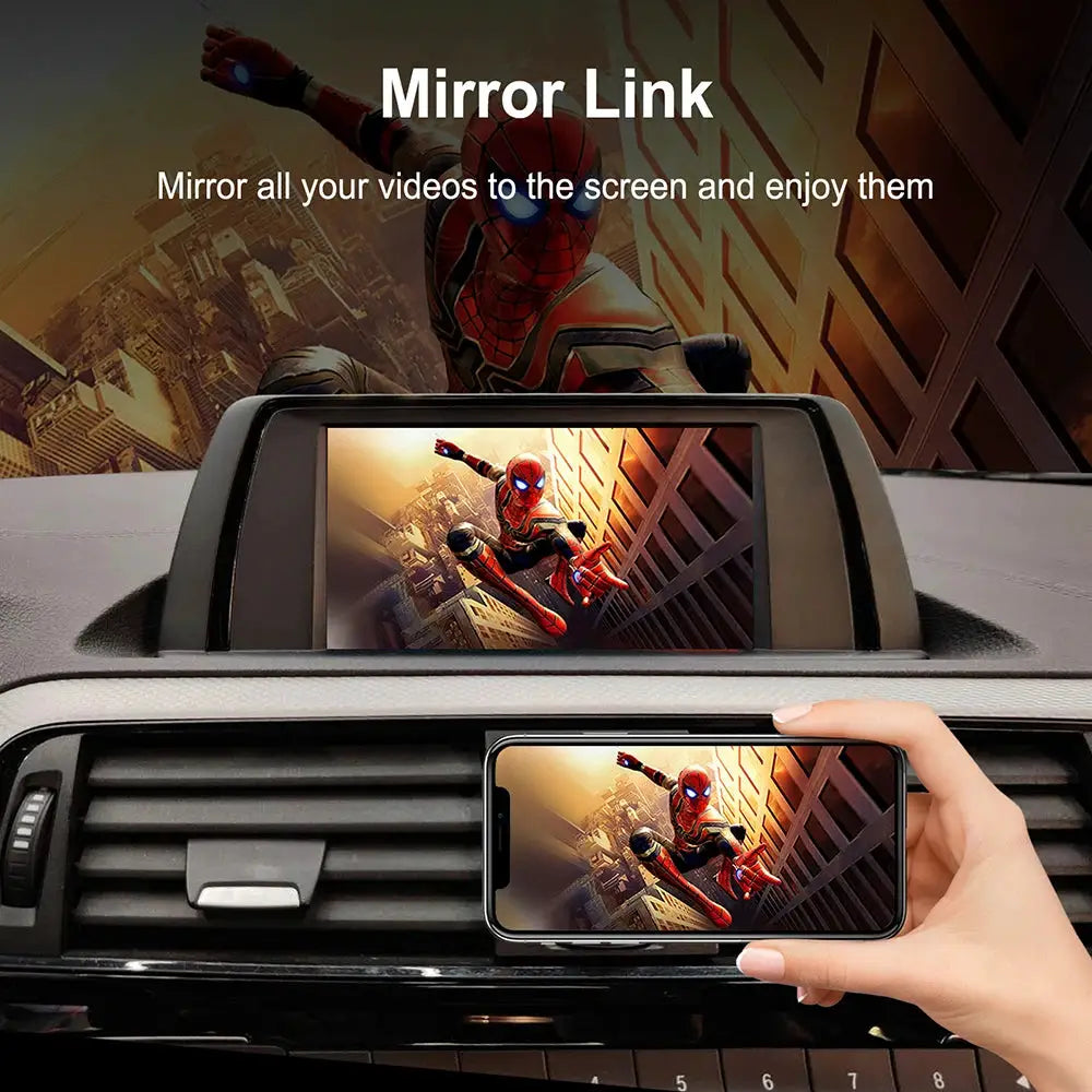Wireless CarPlay Android Auto adapter for BMW NBT CIC, by Simples Market, shown with two screens mirroring Spider-Man wallpaper.