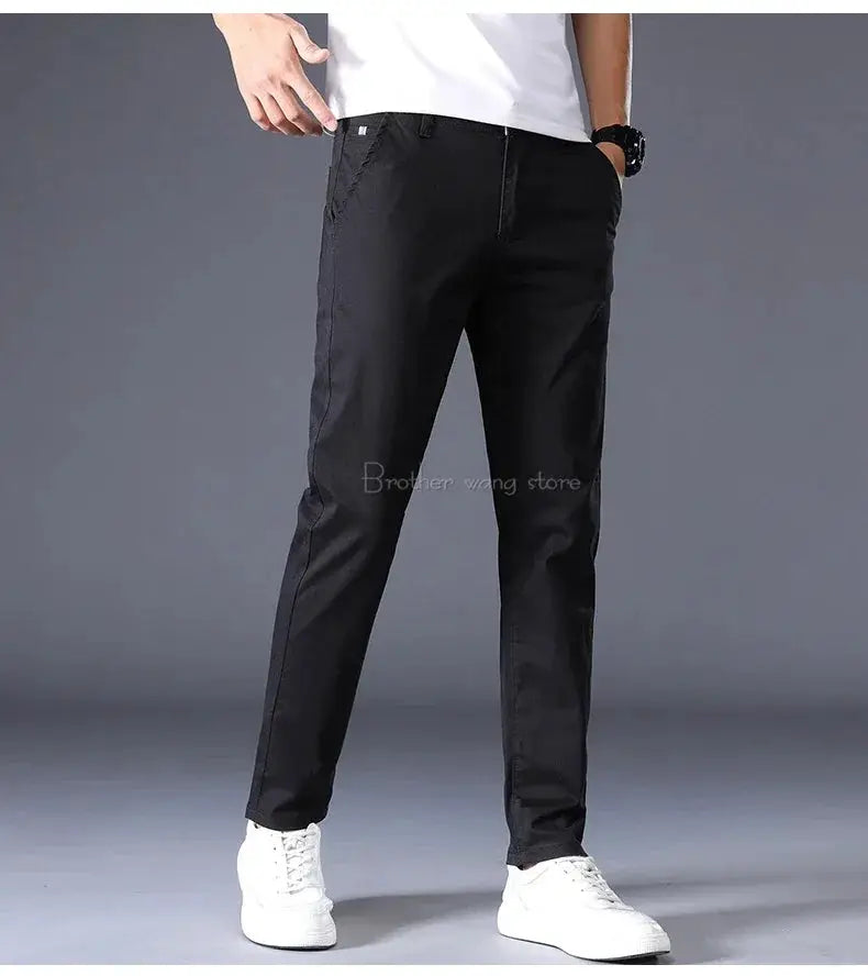 Simples Market men's black cotton casual pants with elastic waistband, straight slim-fit long trousers