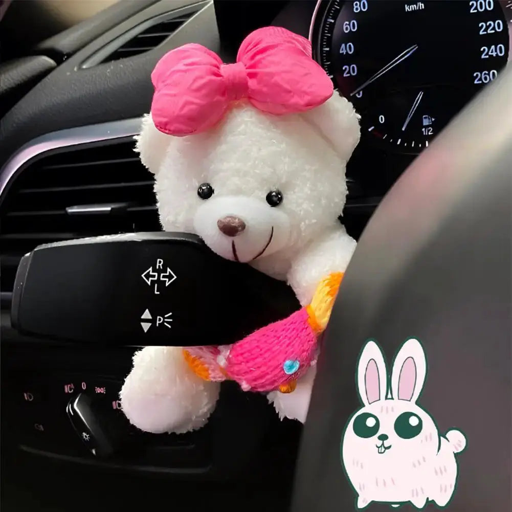 Pilot Bear plush car ornament by Simples Market; white bear with pink bow for car gear-shift decor