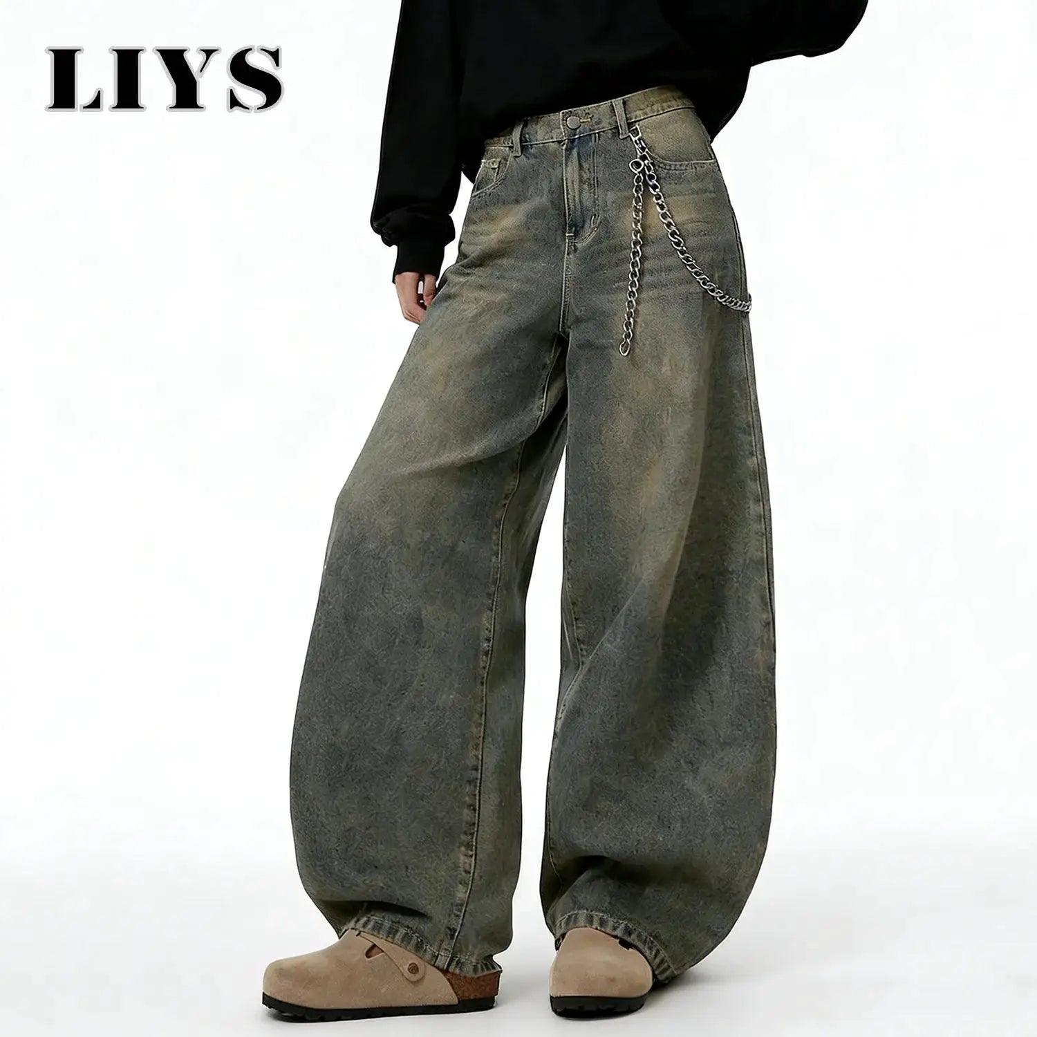 LIYS baggy wide-leg distressed denim jeans with chain, gray-washed, unisex streetwear