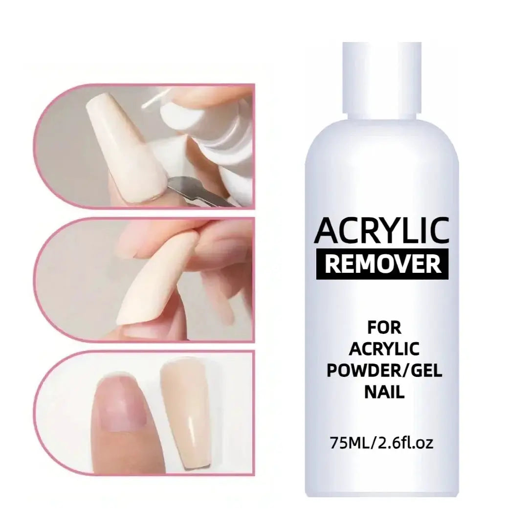 Professional acrylic remover bottle 75ml for acrylic powder/gel nails with three inset shots.