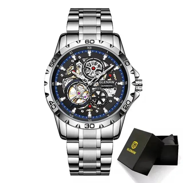 GLENAW Steampunk skeleton men's automatic stainless steel watch with blue dial; gift box included