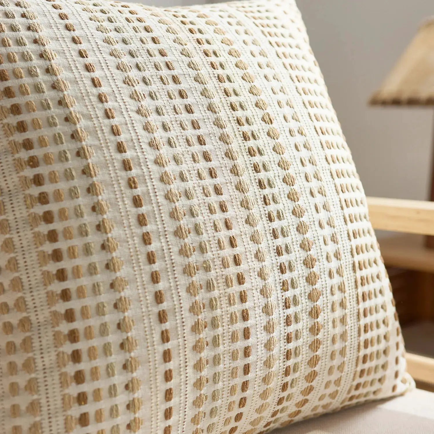 Boho Dots Jacquard Cushion Cover 45x45cm with zipper closure; ivory cream base with beige-brown dotted pattern.