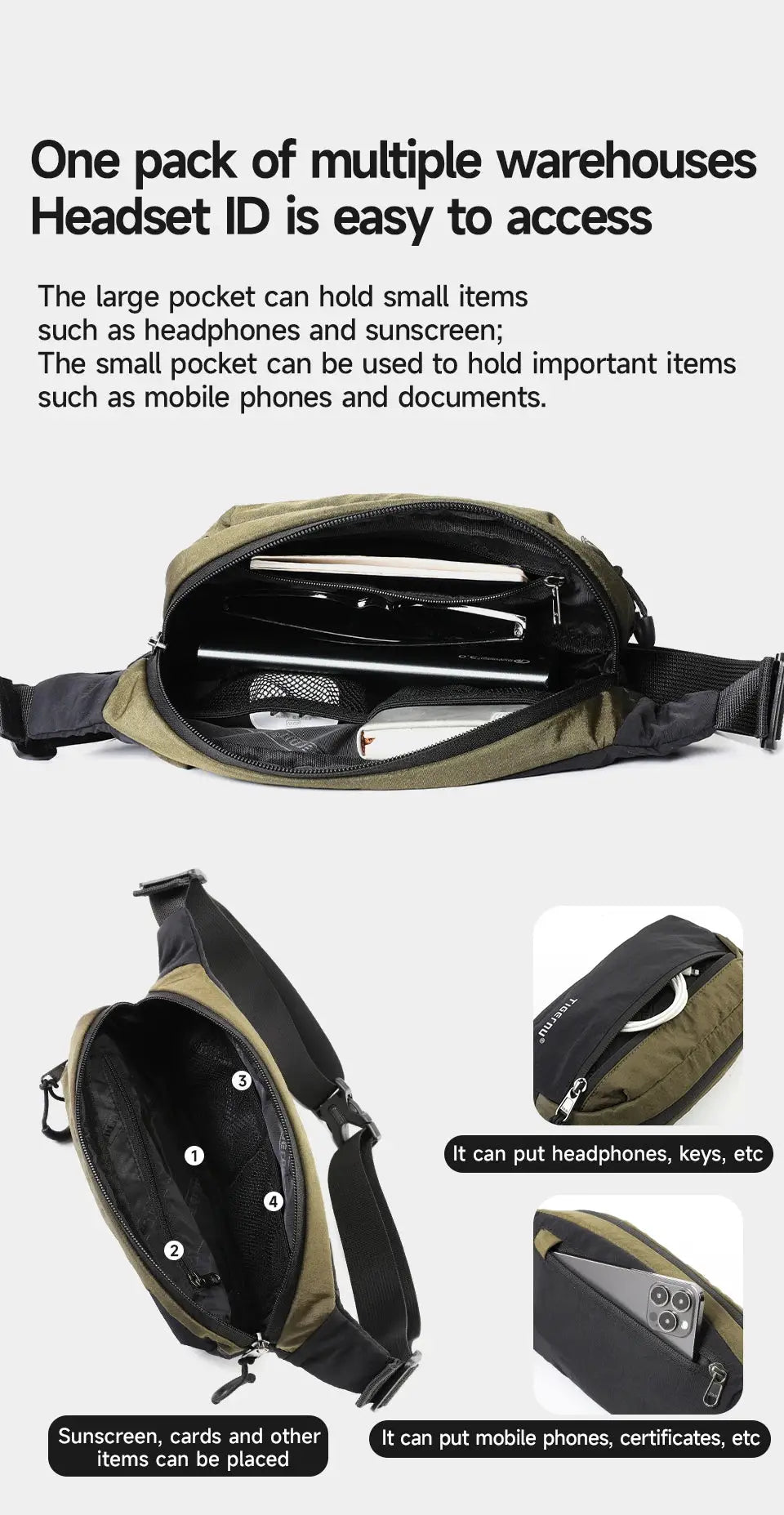 Tigernu lightweight splashproof crossbody bag olive green with multiple compartments and black shoulder strap