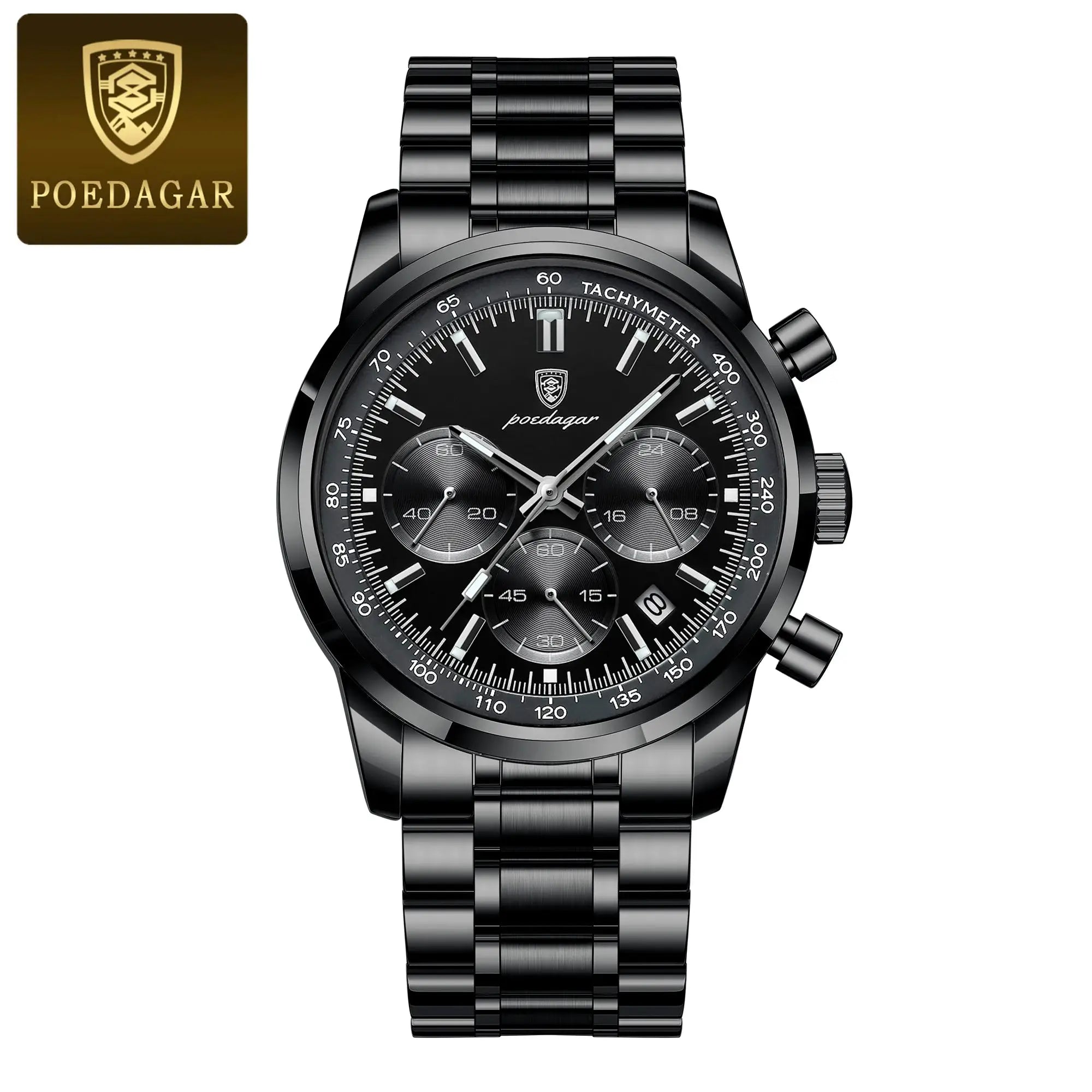 POEDAGAR watch and logo tile; luxury stainless steel chronograph with tachymeter and black dial