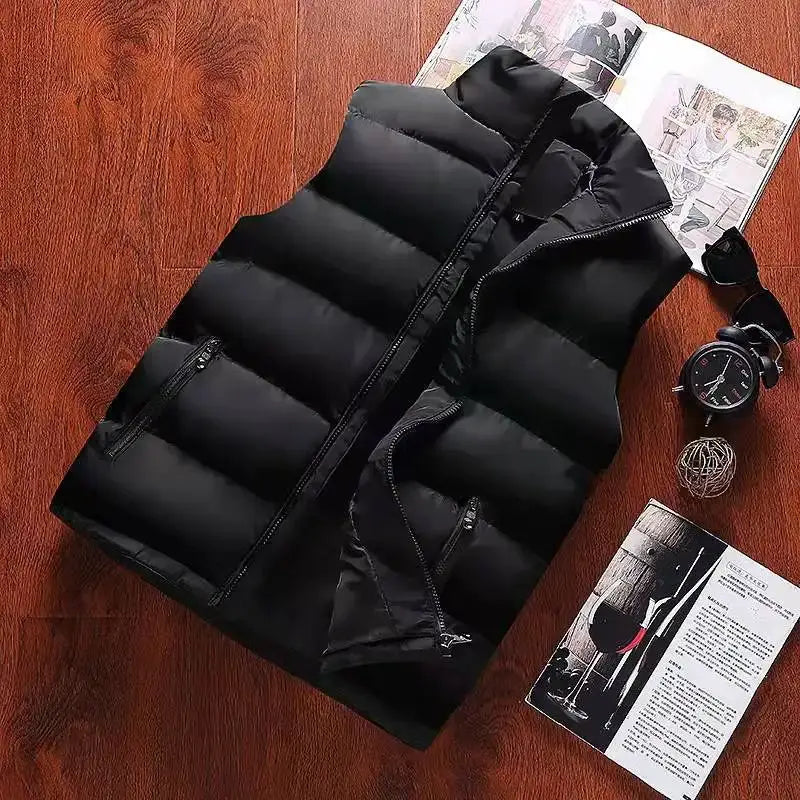 Men's black sleeveless puffer vest with stand collar and zip pockets