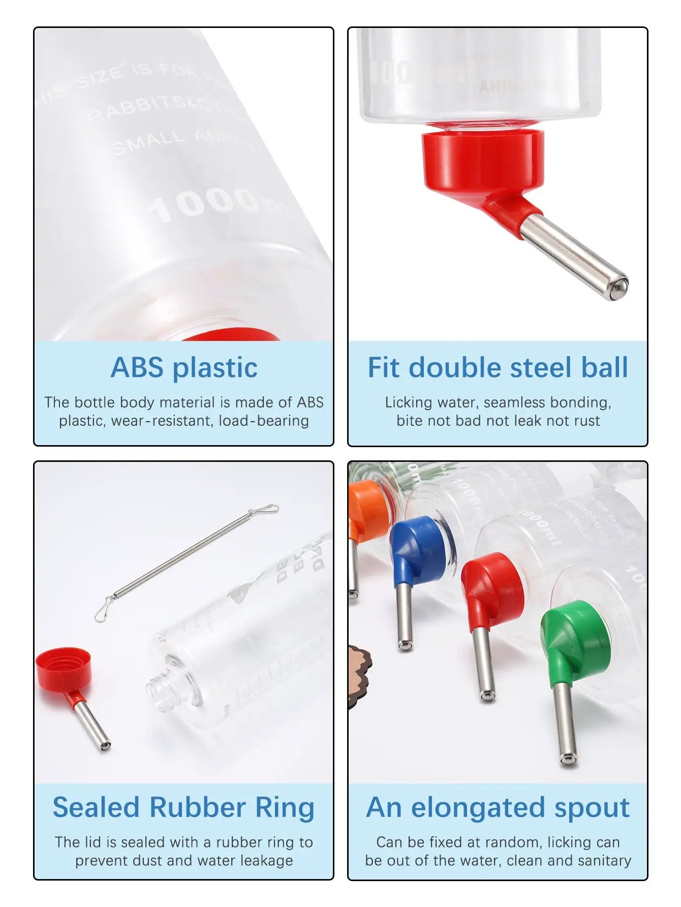 Water bottle for small animals 1000ml, random color, hangable with metal drinking spout