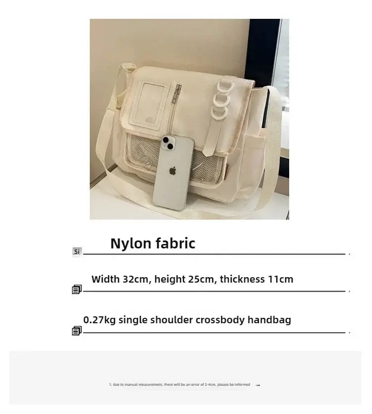Simples Market Y2K Harajuku ita bag; cream nylon crossbody with front pockets and metal ring accents