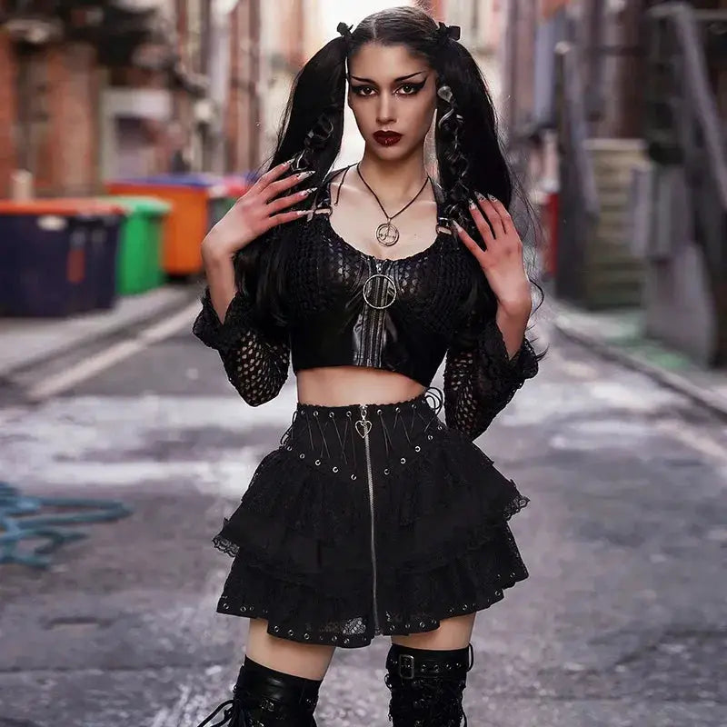 Gothic skater punk high-waisted zip-front mini skirt, black lace, Simples Market