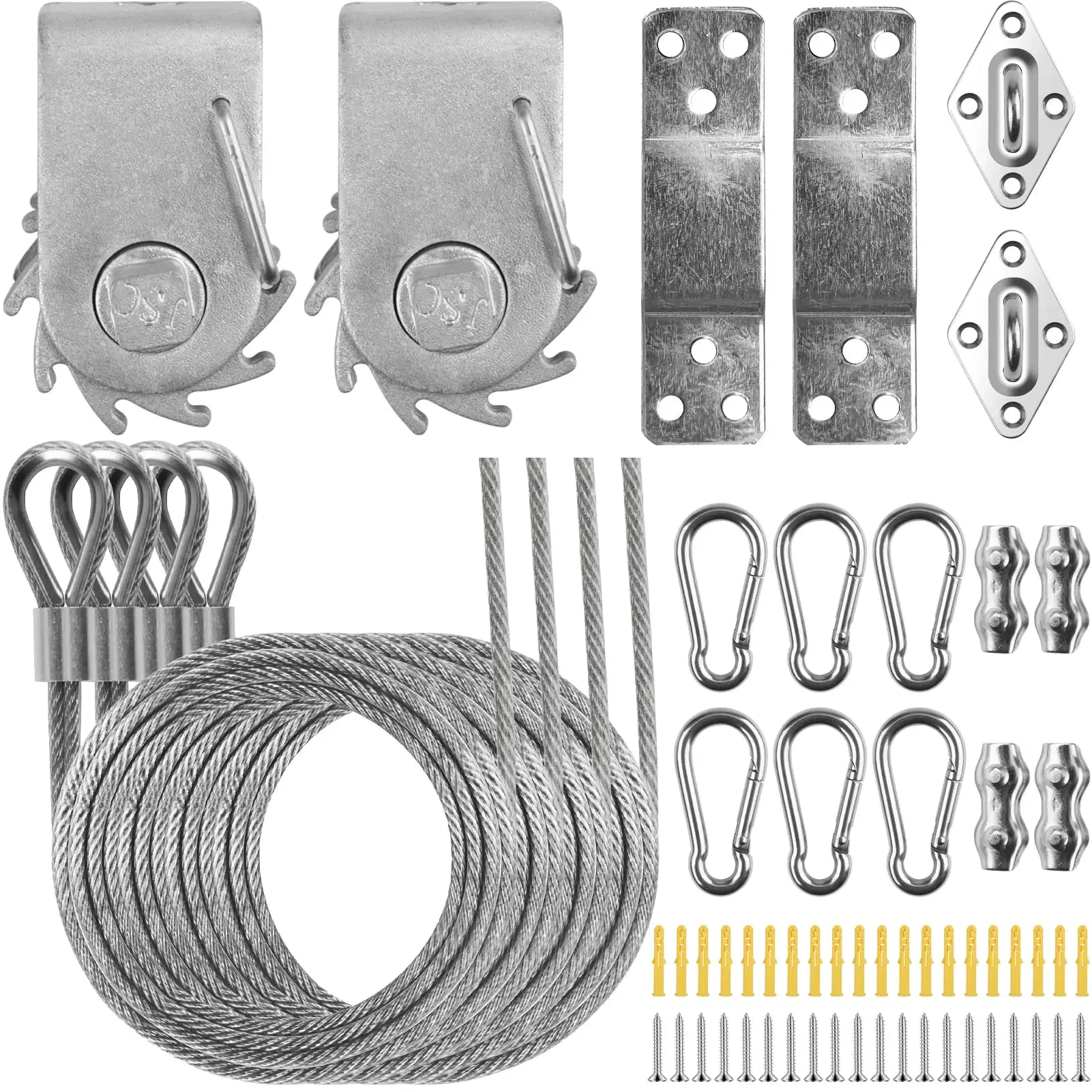 Simples Market shade sail hardware kit; stainless steel cables, brackets, turnbuckles and carabiners