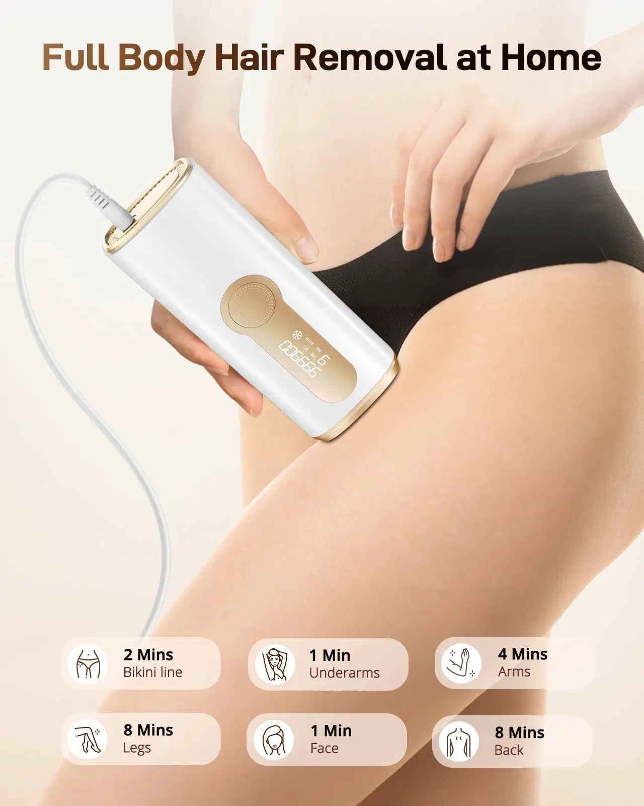 IPL Hair Removal Device Ice-Cooling 3-in-1, white with gold panel, Simples Market