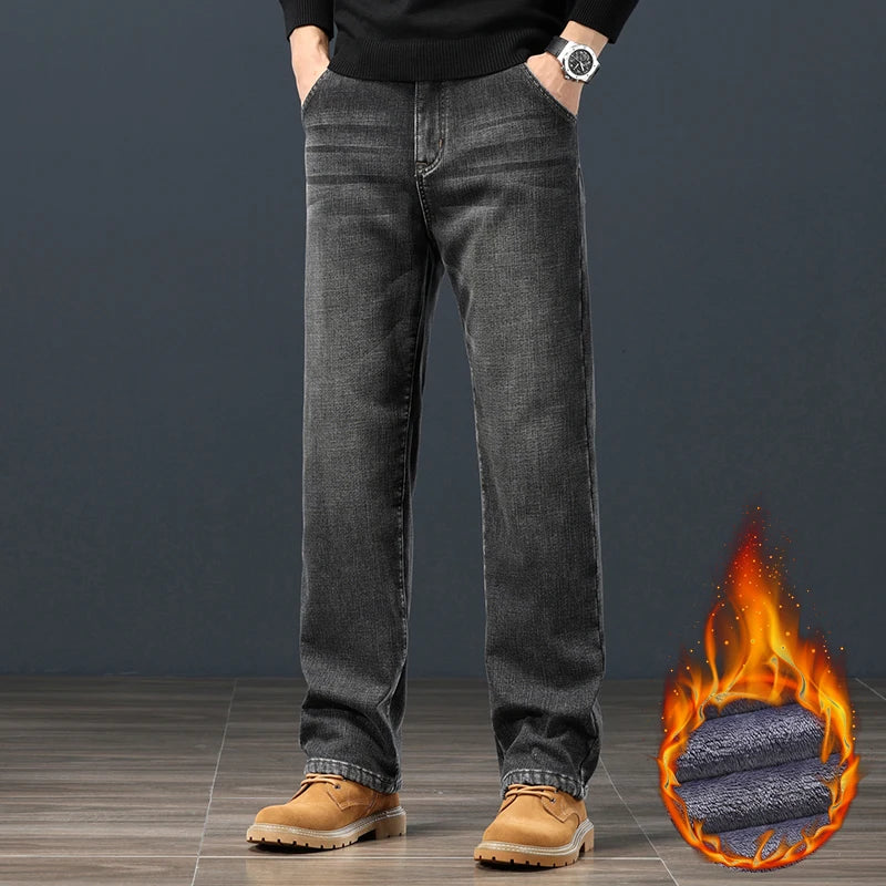 Winter Fleece Men Jeans Loose Straight Fit Warm Denim Pants 42 44