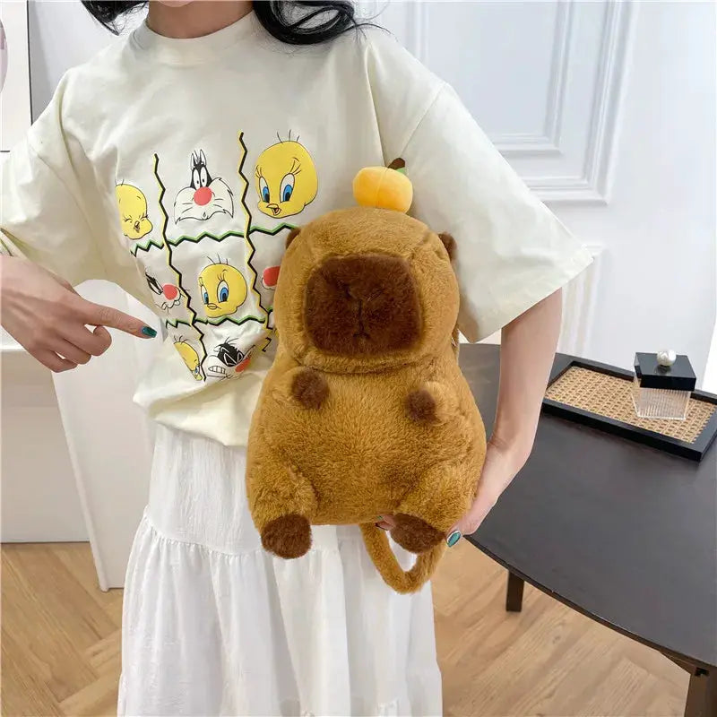 Plush capybara backpack in brown fur, kawaii crossbody bag