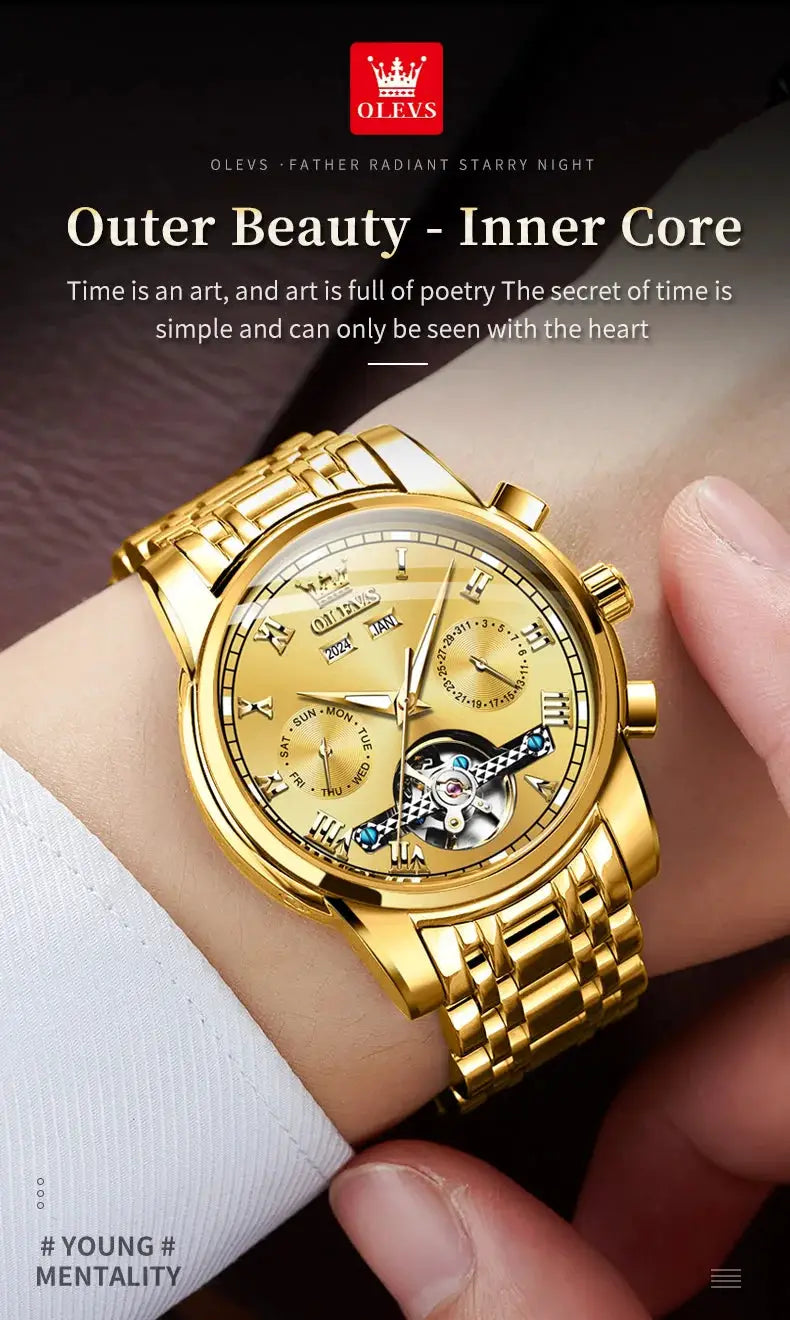 OLEVS gold-tone stainless steel men's automatic skeleton watch with flywheel and dual calendar