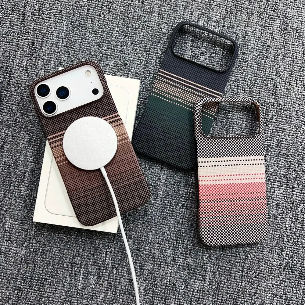 Three frameless MagSafe cases with carbon fiber/Kevlar texture in brown, green, and pink for iPhone (3-pack).