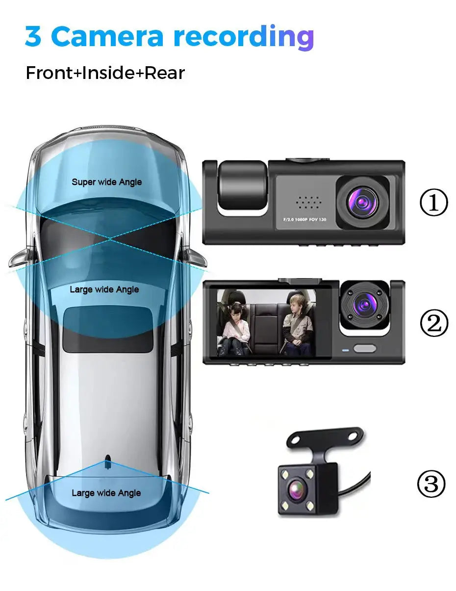 Simples Market dash cam set with front, interior and rear cameras, 1080P DVR, IR night vision, 2-inch IPS screen