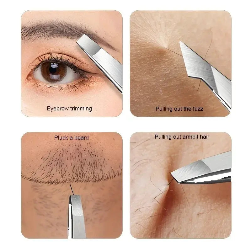 4 Piece Professional Tweezers Set For Eyebrow Hair Removal And Splinter Extraction Stainless Steel