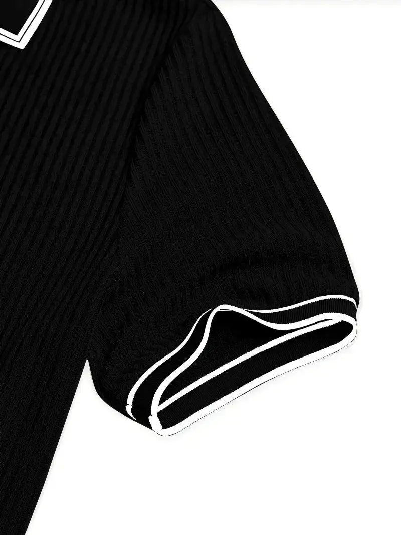 Men's black ribbed-knit short-sleeve polo shirt with white piping on collar and cuffs.