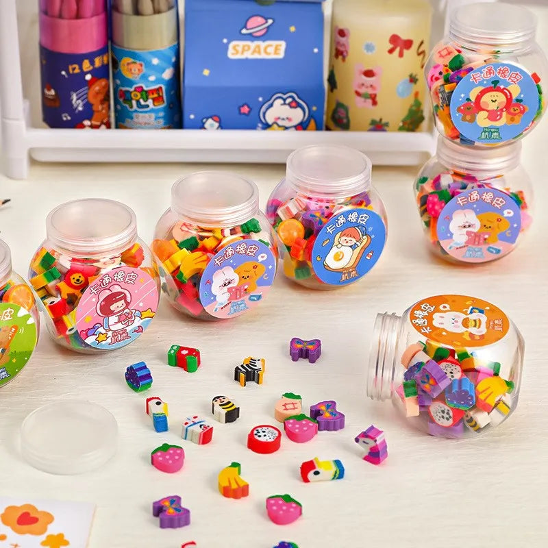 Pencil erasers, colorful kawaii animal fruit rubber shapes in clear jars, 50/100pcs set
