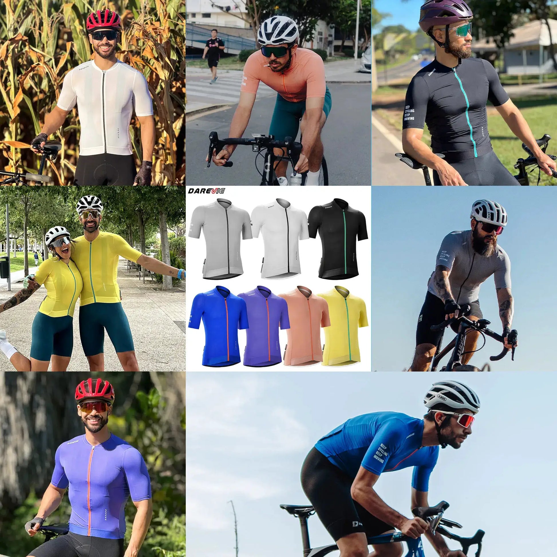 DAREVIE men's cycling jersey collage; breathable, quick-dry apparel in white, peach, black with turquoise accents