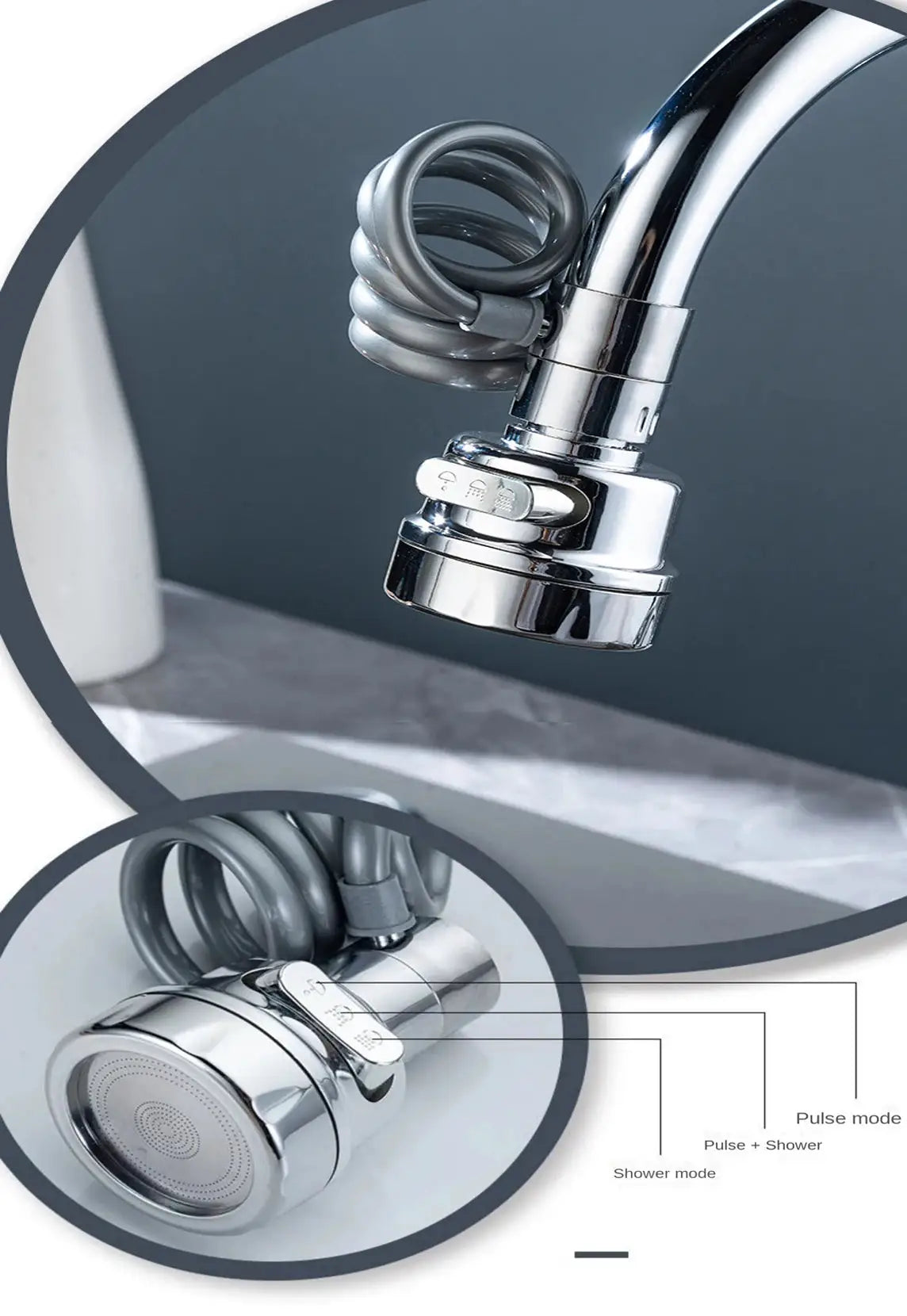 Simples Market chrome sink faucet sprayer with 360° rotation and coiled hose, 3 modes