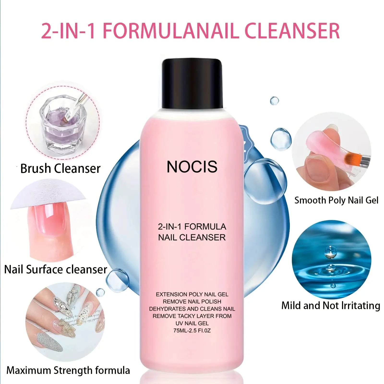 NOCIS pink 2-in-1 formula nail cleanser bottle with black cap