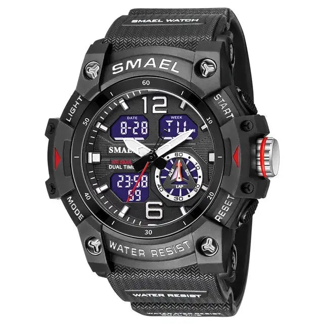 SMAEL black sport watch with rugged military design, dual digital-analog display and LED backlight
