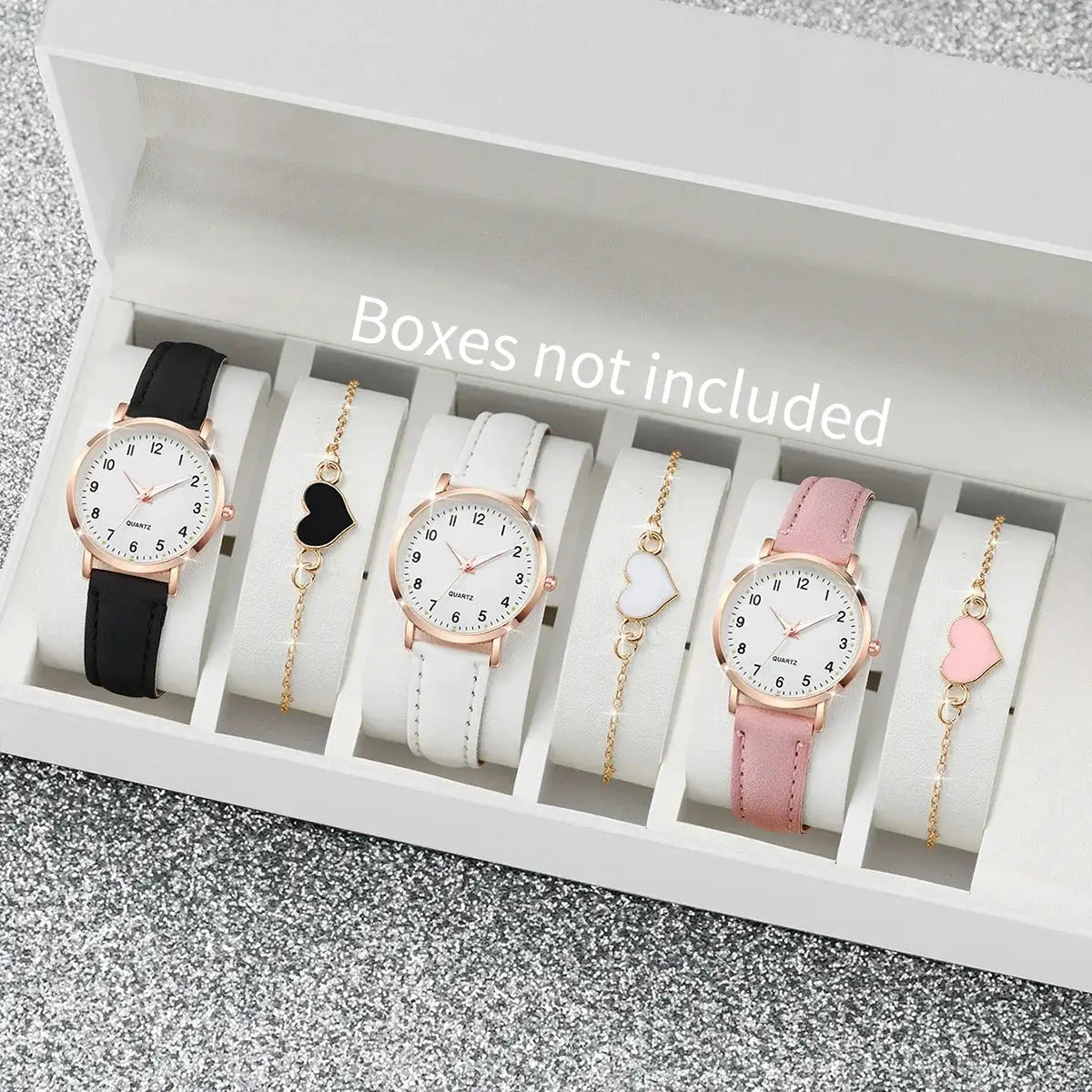 Simples Market 4/6pc women's watches leather strap and heart bracelet set; black, white, pink watches